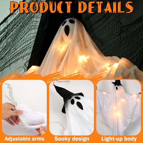 Halloween Hanging Ghost Decor - White & Black, Indoor Outdoor Spooky Ghosts with Lights - 70cm