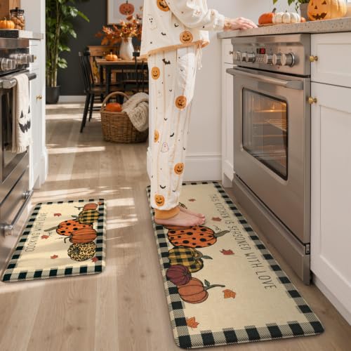 KIMODE Fall Decor Kitchen Rugs Set - Plaid & Pumpkin, Non-Slip, 2-Piece