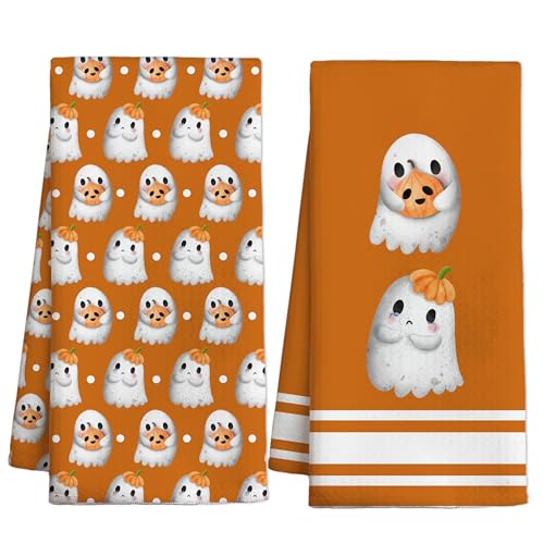 Halloween Kitchen Towel Set - Ghosts & Orange Bows, 2 Pack, Indoor Home Decor