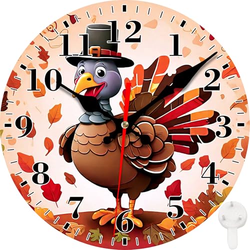 Silent Battery Operated Wall Clock - Cute Thanksgiving Turkey Decor 12 Inch