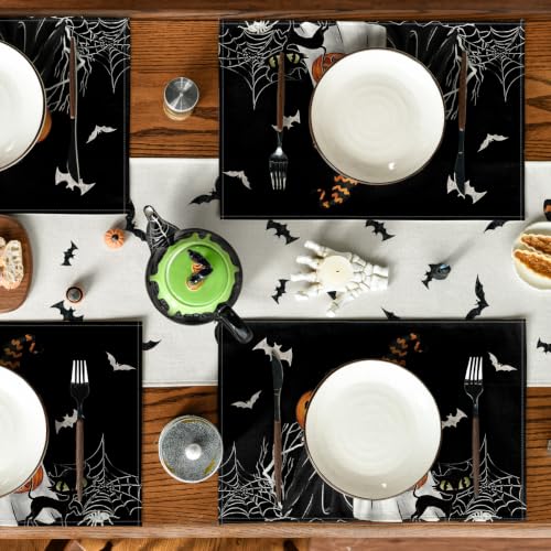 Halloween Bat Placemats Set of 4 - Black Ghost Bat 12x18 Inch Rectangular Decor
