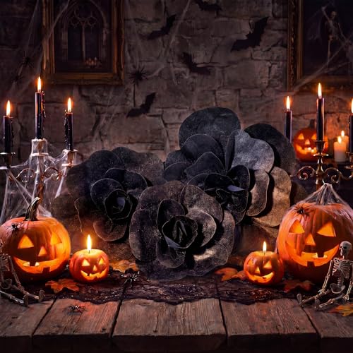 Giant Black Artificial Roses Set of 3 - Velvet Halloween Gothic Decor, 12-20 Inch Variation of Velvet Rose / Black