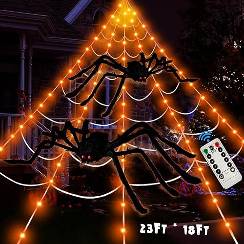 Kenburg 23Ft Large Orange Spider Web Halloween Decorations Outdoor Lights with 2 Giant Spiders & 8 Modes