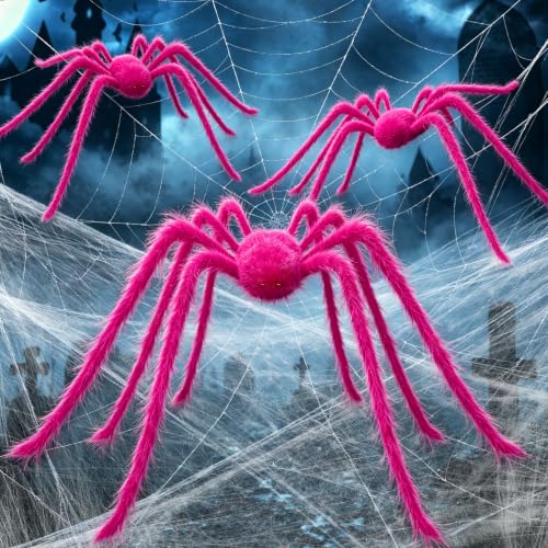 Pink Halloween Giant Spider Decorations Set - 10 Ft & 5 Ft Spiders for Indoor Outdoor Decor