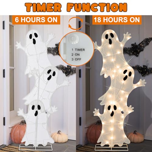 Halloween Lighted Stacked Ghosts Decoration - Pre-Lit with 50 Warm White Lights, Spooky Outdoor Yard & Porch Accent - 42 Inch Tall - Variation: Stacked Ghost
