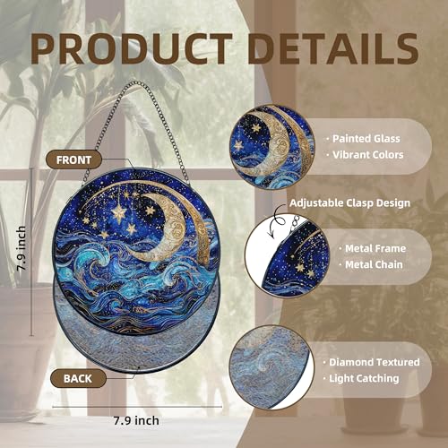 Moon and Star Stained Glass Window Hanging - Blue Celestial Sun Catcher, 7.9in