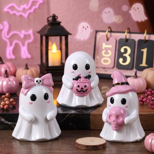 Pastel Halloween Ghost Figurine Set - Pink & White Resin Decorations with Bow, Witch Hat & Pumpkin