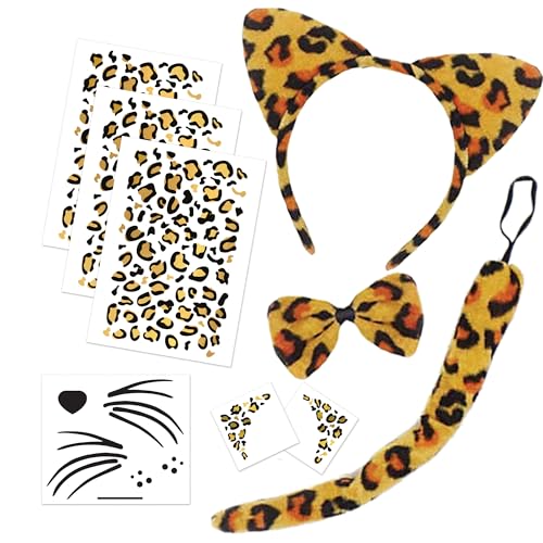Leopard Print Temporary Tattoo Kit with Face Ears & Tail - Halloween Costume Accessory