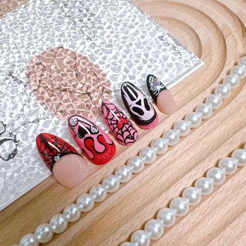 Halloween Press On Nails Set - Ghost Spider Web Blood Drop Rhinestones, 13 Variations