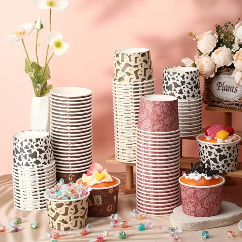 100 Pack Western Cowboy Ice Cream Paper Cups 8 oz Dessert Bowls