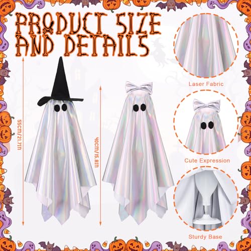 Halloween Iridescent Ghost Decorations with Witch Hat & Bow - 2pcs Indoor Decor
