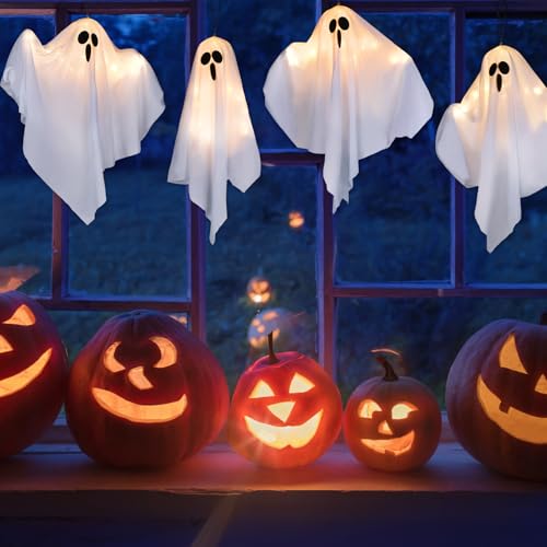 Halloween Ghost Light Decorations Set - 4 Hanging Floating Ghosts with Warm White LED for Indoor Outdoor Use - Variation 4