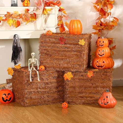 3 Pack Halloween Decorative Straw Bales - 18 x 14 x 14 Inch Rustic Fall Hay Sets