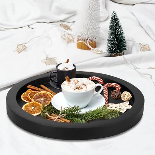 Black Round Wooden Decorative Tray for Coffee & Dining Tables - 11 Inch