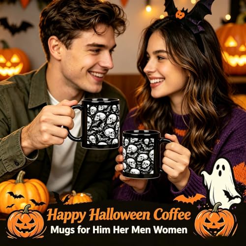 Halloween Skull Mug - Gothic Spooky Skeleton Ceramic Black Cup 11oz - Skull Mug Variation