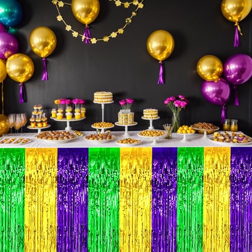 29.5x72 Inch Mardi Gras Metallic Foil Fringe Table Skirts - Green, Gold, Purple, 2 Pack