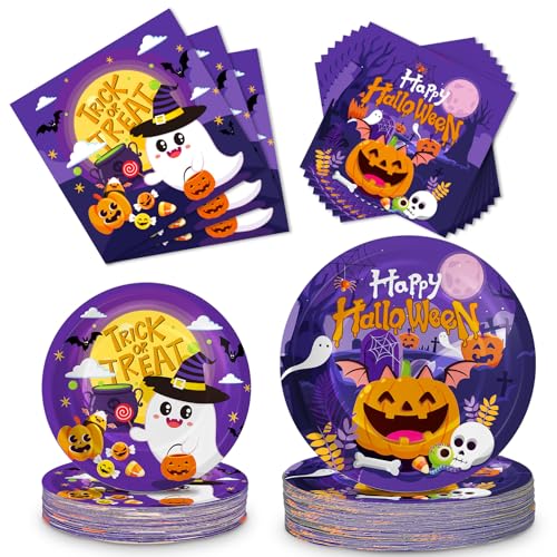 Halloween Party Plates and Napkins Set - Orange05, 150 Pcs Halloween Dinnerware for Up to 50 Guests