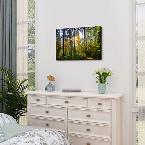 Green Forest Sunrise Wall Art Canvas - 24x16 Inch Tropical Landscape for Living Room & Bedroom