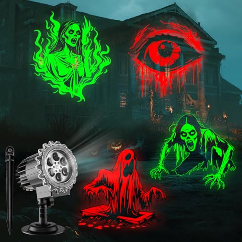 Outdoor Halloween Projector Lights with Rotating Skull & Ghost Patterns - Waterproof LED Decor