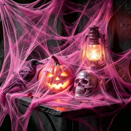 Pink Halloween Spider Web Decorations Kit with 50 Fake Spiders - 1000 Sq Ft Large Cobwebs