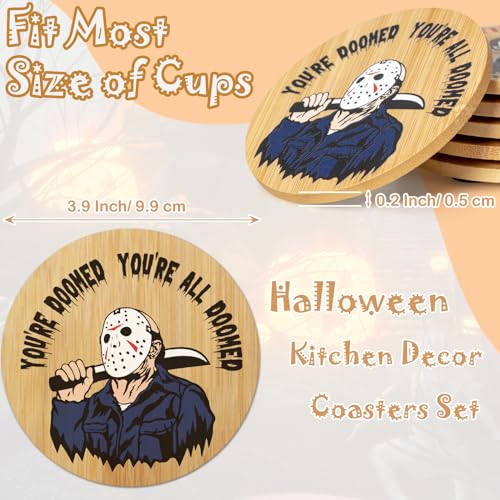 TuTuArt Bamboo Horror Movie Character Coasters Set with Holder - Halloween Drink Accessories