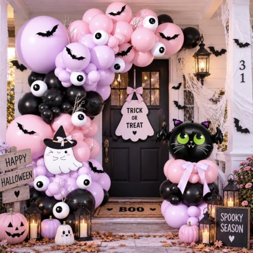 Pink Purple Black Halloween Balloon Arch Kit with Spooky Decorations - Froova