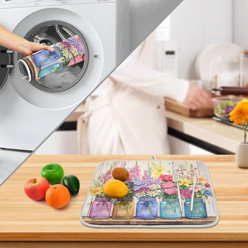 24x18 Inch Floral Jars Dish Drying Mat for Kitchen Counter Absorbent Microfiber