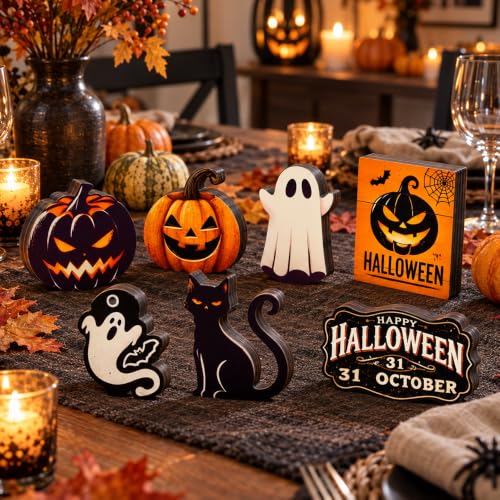 Halloween Tiered Tray Decorations Set - 17 Pc Self-Standing Wooden Signs & Light String