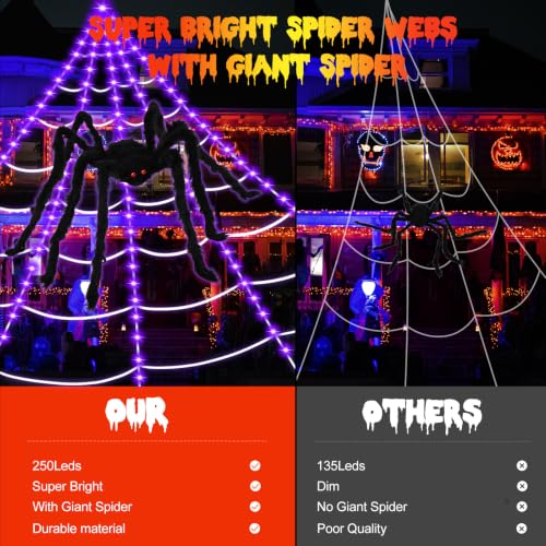 Purple Halloween Spider Web Lights with Remote, 16.4Ft, 8 Modes & Giant Spider