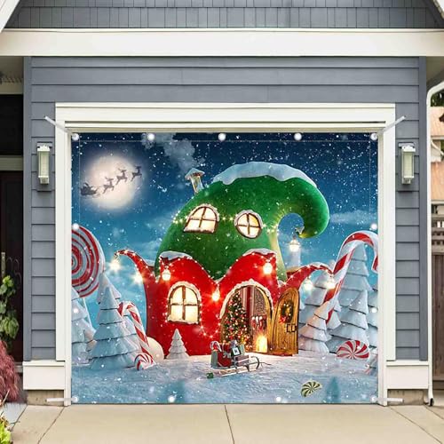 Christmas Village Garage Door Banner - 8x7ft Holiday Decoration with Rope - Snowflake & Santa Design