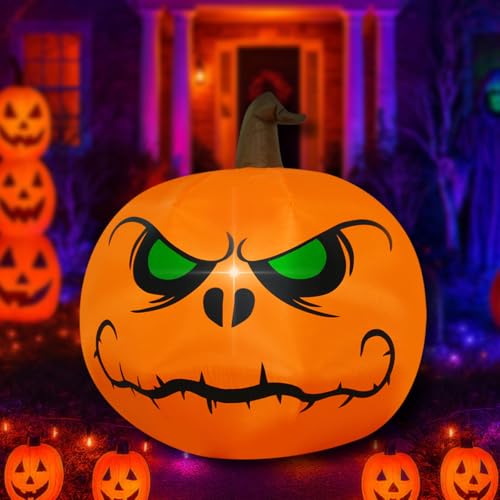 4Ft Inflatable Halloween Angry Pumpkin Lighted Yard Decoration with Blower & Ropes