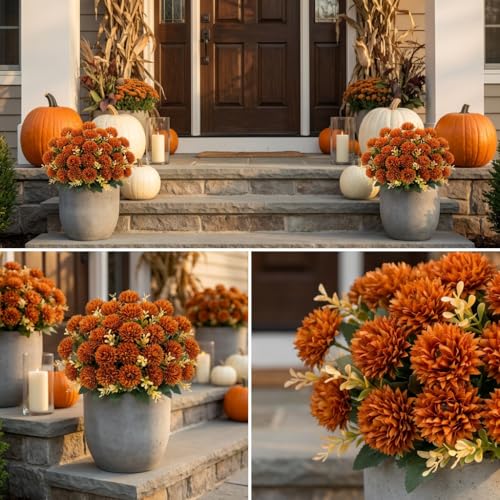 Artificial Fall Flowers - Burnt Orange Faux Mums for Outdoor Decor, 24 Heads