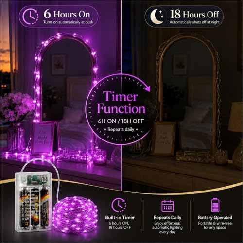 Purple 16ft Battery-Operated Fairy Lights with 8 Modes & Timer - 50 Micro LEDs