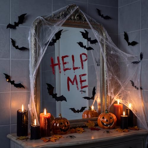 Halloween Mirror Decoration Set with Spider Web and 3D Bat Stickers