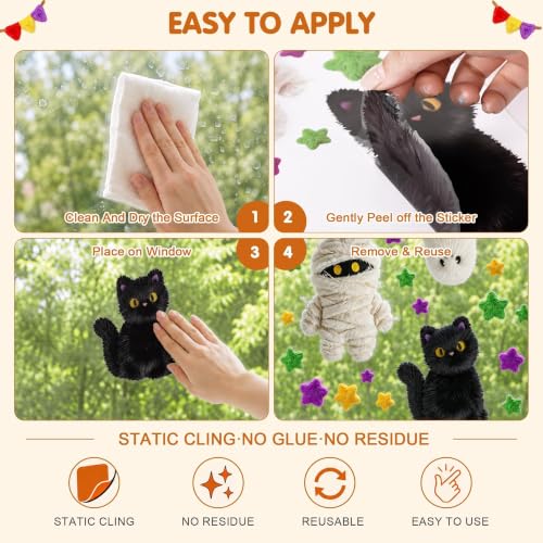 Plush Style Halloween Window Clings - 8 Sheets Spooky Cute Decals for Home & Office Decor