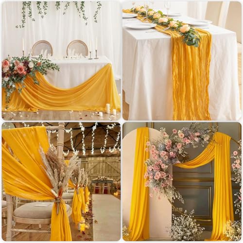 Gold Cheesecloth Table Runner 3 Pack, 35x120 Inches Boho Rustic Decor for Weddings & Events