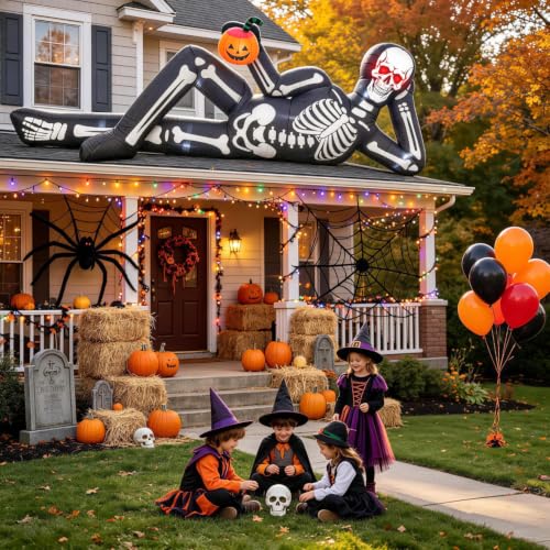 12FT Inflatable Halloween Skeleton Decoration with Glowing Red Eyes and Pumpkin Trunk