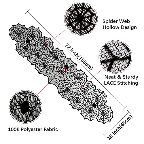 Black Halloween Table Runner 6 Pieces 18x72 Inches - Spider Web Lace Decor