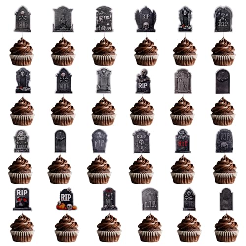 Halloween Cupcake Toppers Set with Tombstone Food Picks & Decorations