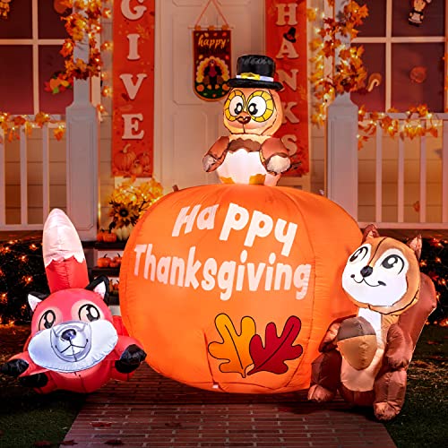 6 FT Thanksgiving Inflatable Turkey with Pumpkin Raccoon & Squirrel LED Yard Decor
