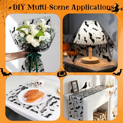 Halloween Black Bat Table Runner 11x108 Inch - Mesh Spooky Decor - Black Bat Variation