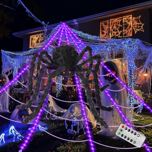 Giant Luminous Spider Web Halloween Decorations Lights with Spider & Remote