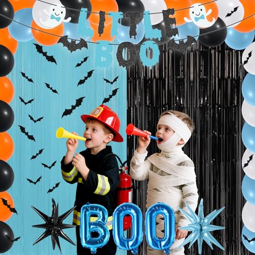 Blue Halloween Baby Shower Decorations Set with Banners Balloons & Stickers - Little Boo
