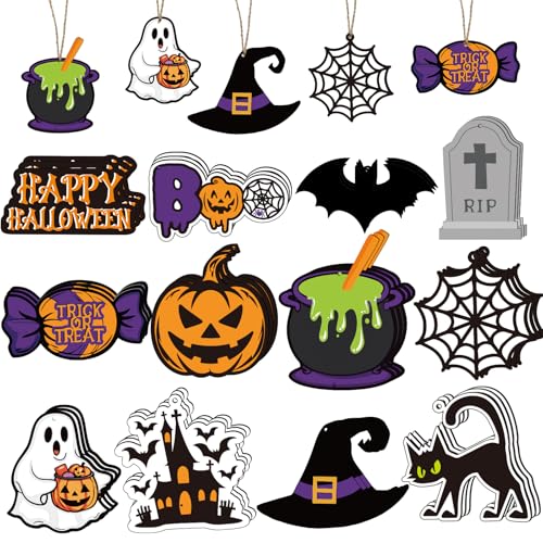 Halloween Tree Ornaments Set - 36 Wooden Decorations with Ropes - Halloween