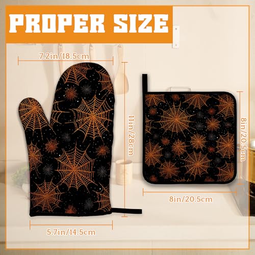 Halloween Spider Web Oven Mitts and Pot Holders Set - Heat Resistant Kitchen Decor, 4 Piece Halloween Kitchen Accessories