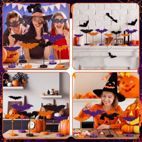 Halloween Wooden Bat Decorations Set - Purple & Orange, 6 Pieces with Stand