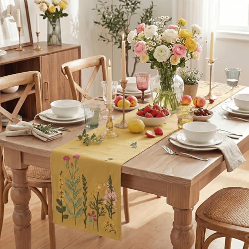 Light Camel Floral Embroidery Table Runner 13x72 Inch for Kitchen Dining - Spring Summer Home Decor