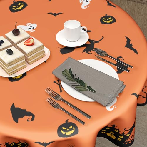 Halloween Round Tablecloth 60 Inch Orange with Haunted House & Bats - Fall Leaves Variation