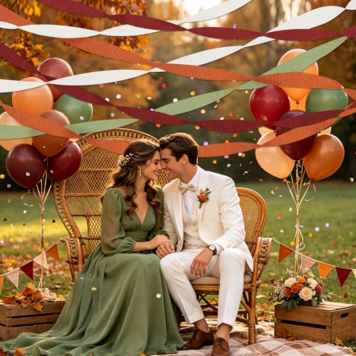Fall Sage Rust Party Decorations - 8 Crepe Paper Streamers for Autumn Celebrations