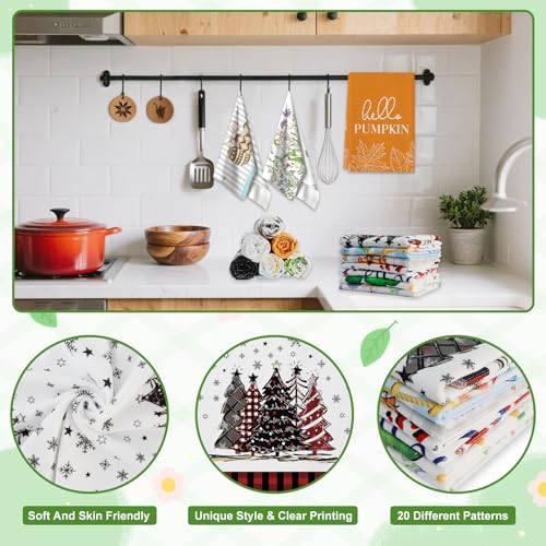 Seasonal Kitchen Towels and Dishcloths Set - 20 Pack, 18x26 Inches